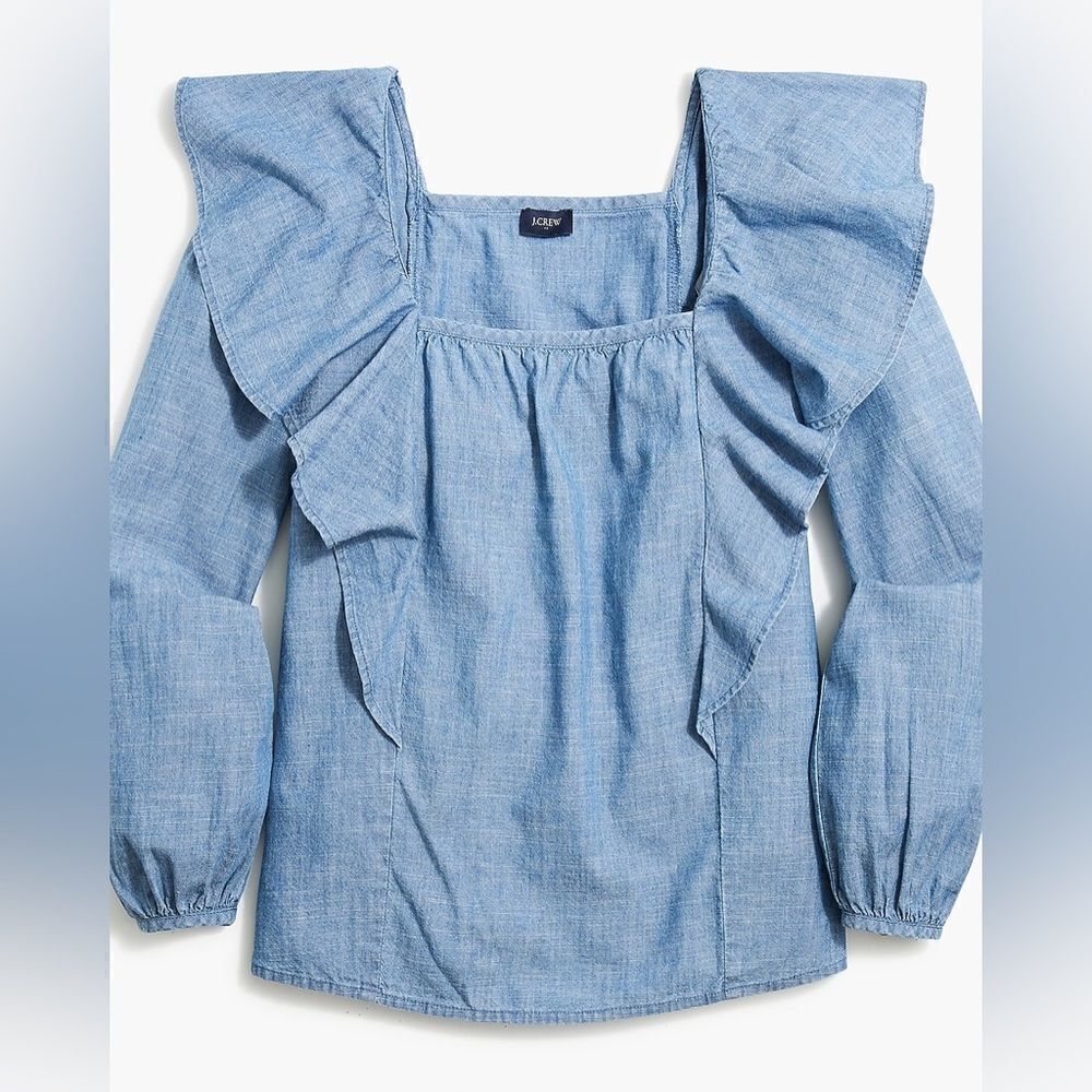 J Crew Ruffle Chambray Squareneck Top NWT